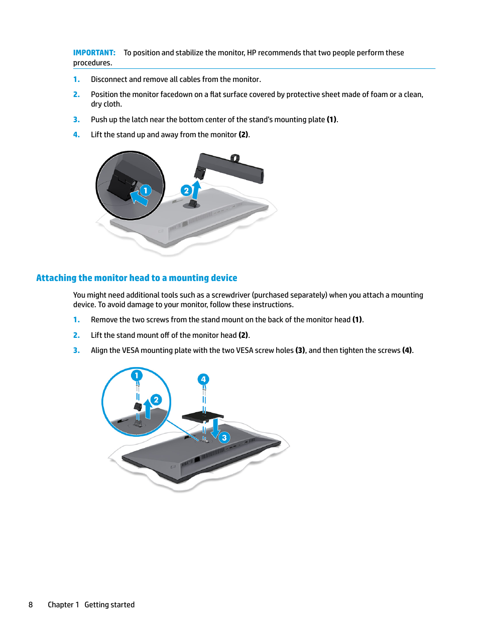 Attaching the monitor head to a mounting device | HP Z31x 31.1" 17:9 DreamColor Studio Cinema 4K IPS Display User Manual | Page 16 / 45