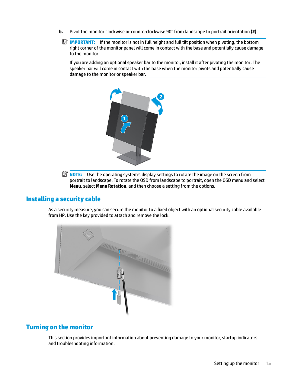 Installing a security cable, Turning on the monitor, Installing a security cable turning on the monitor | HP Z31x 31.1" 17:9 DreamColor Studio Cinema 4K IPS Display User Manual | Page 23 / 45