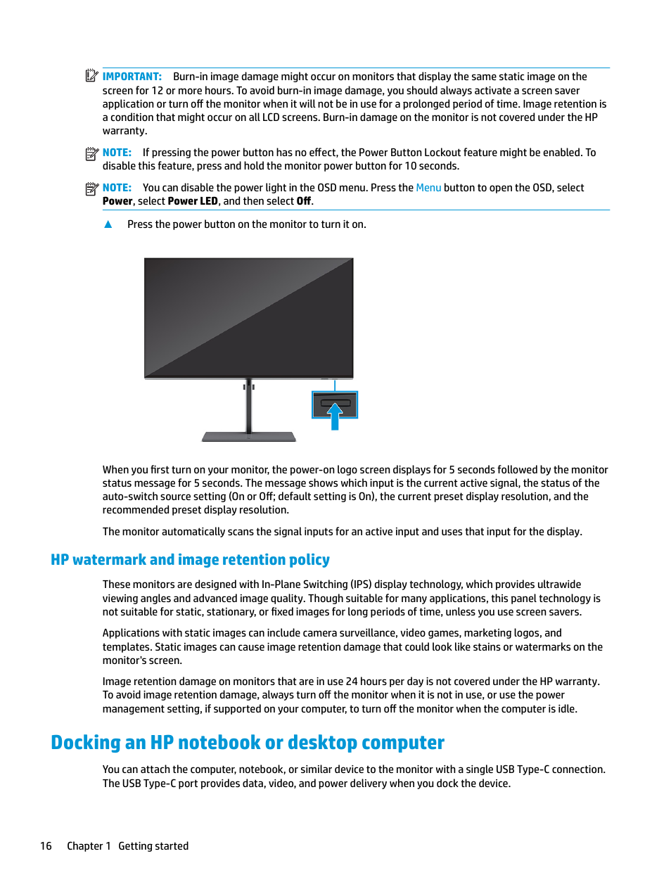 Hp watermark and image retention policy, Docking an hp notebook or desktop computer | HP Z31x 31.1" 17:9 DreamColor Studio Cinema 4K IPS Display User Manual | Page 24 / 45