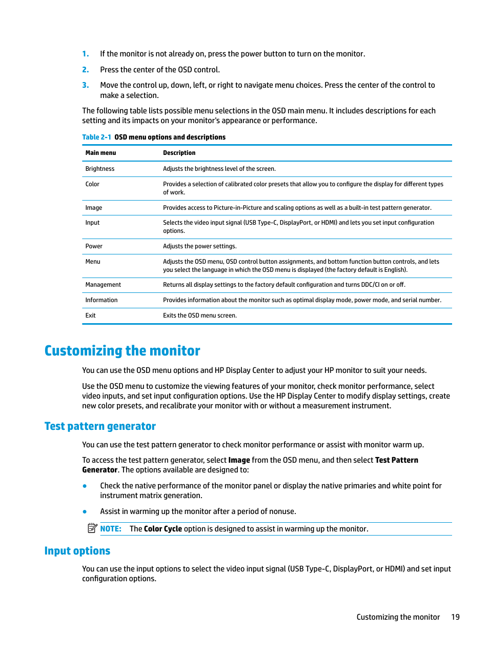 Customizing the monitor, Test pattern generator, Input options | Test pattern generator input options | HP Z31x 31.1" 17:9 DreamColor Studio Cinema 4K IPS Display User Manual | Page 27 / 45