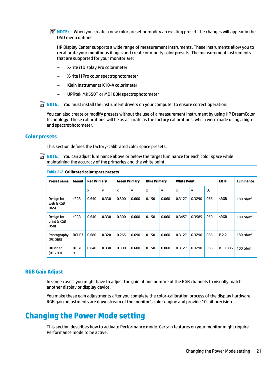 Color presets, Rgb gain adjust, Changing the power mode setting | Color presets rgb gain adjust | HP Z31x 31.1" 17:9 DreamColor Studio Cinema 4K IPS Display User Manual | Page 29 / 45