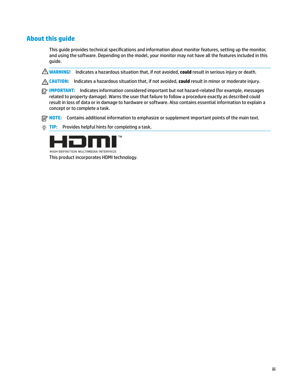 About this guide | HP Z31x 31.1" 17:9 DreamColor Studio Cinema 4K IPS Display User Manual | Page 3 / 45