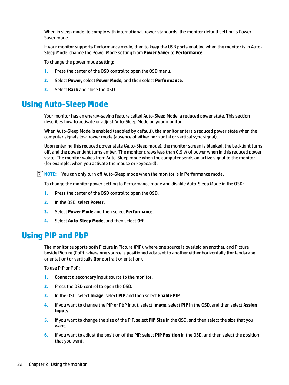 Using auto-sleep mode, Using pip and pbp | HP Z31x 31.1" 17:9 DreamColor Studio Cinema 4K IPS Display User Manual | Page 30 / 45