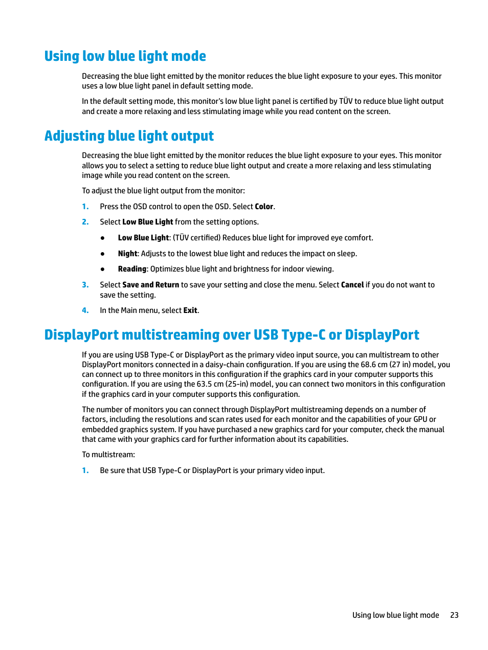 Using low blue light mode, Adjusting blue light output | HP Z31x 31.1" 17:9 DreamColor Studio Cinema 4K IPS Display User Manual | Page 31 / 45