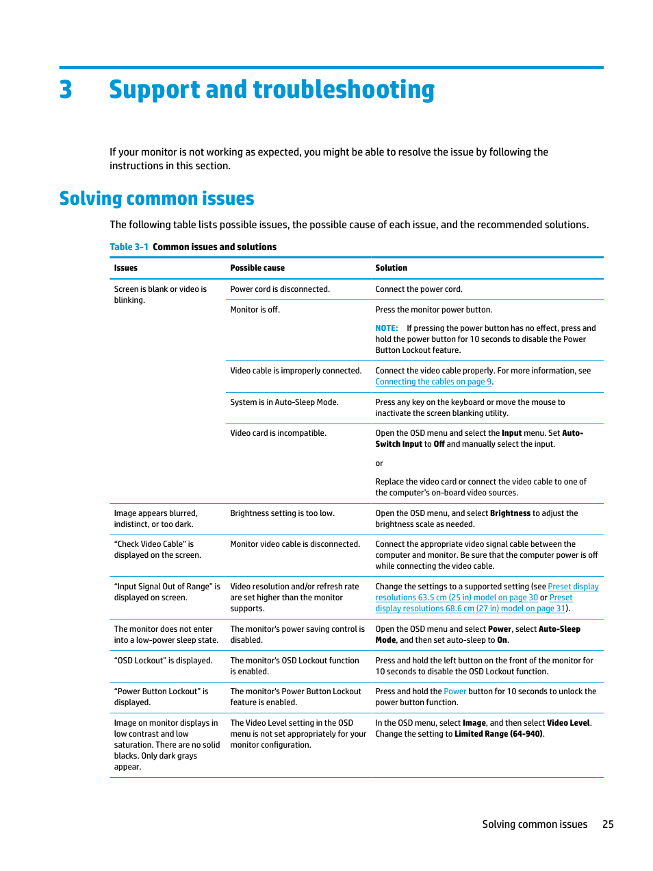 Support and troubleshooting, Solving common issues, 3 support and troubleshooting | 3support and troubleshooting | HP Z31x 31.1" 17:9 DreamColor Studio Cinema 4K IPS Display User Manual | Page 33 / 45