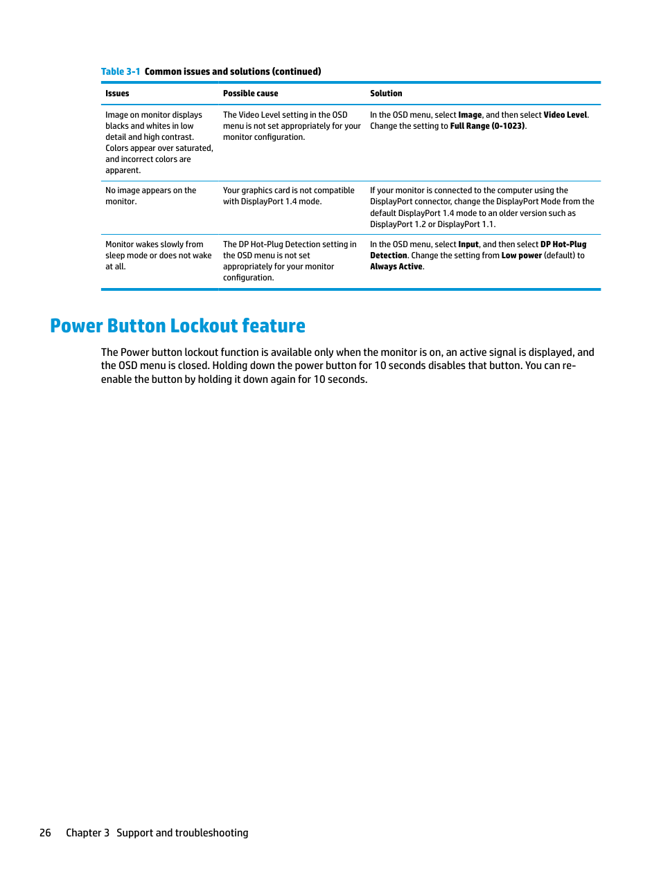 Power button lockout feature | HP Z31x 31.1" 17:9 DreamColor Studio Cinema 4K IPS Display User Manual | Page 34 / 45