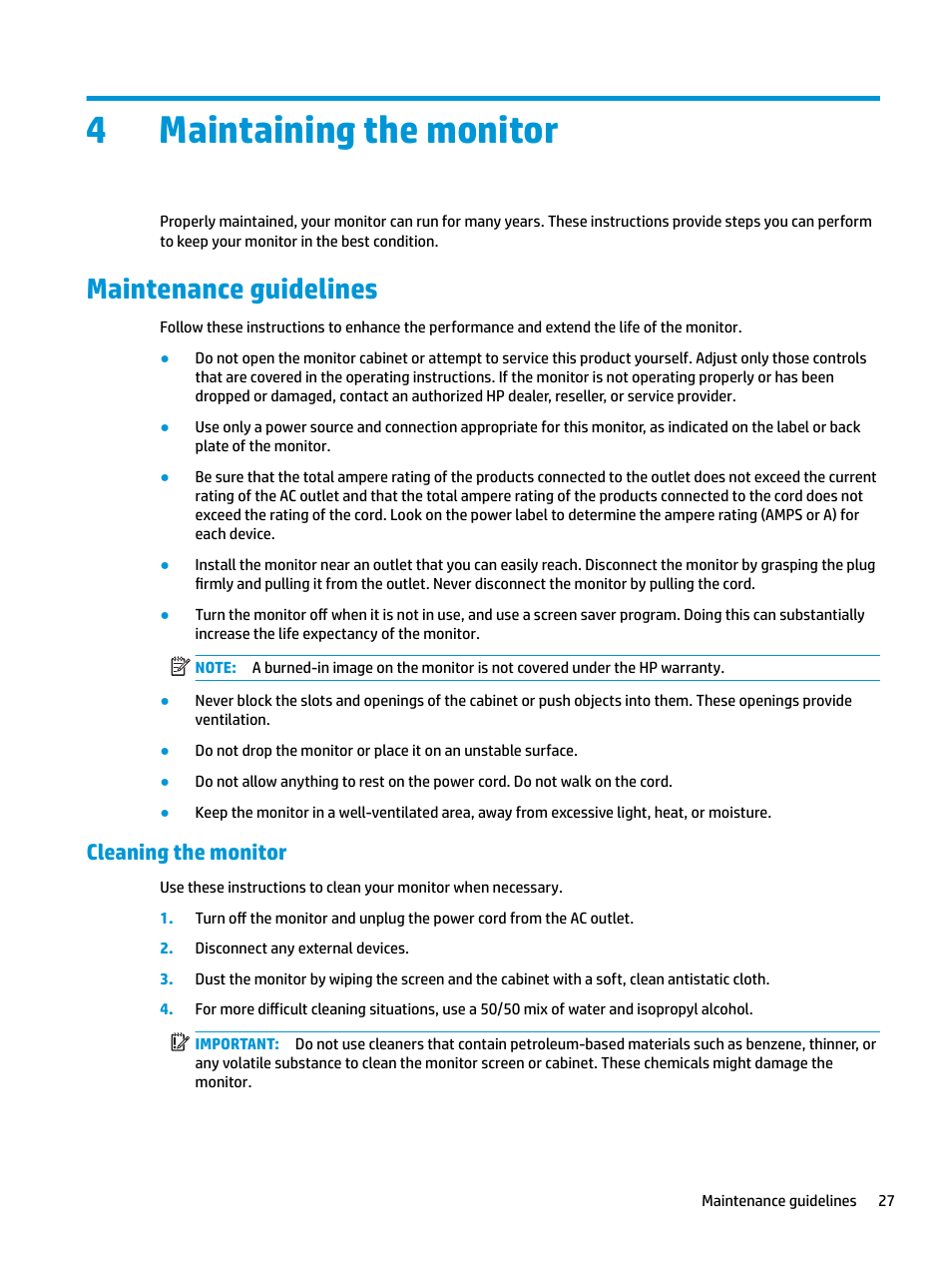 Maintaining the monitor, Maintenance guidelines, Cleaning the monitor | 4 maintaining the monitor, 4maintaining the monitor | HP Z31x 31.1" 17:9 DreamColor Studio Cinema 4K IPS Display User Manual | Page 35 / 45