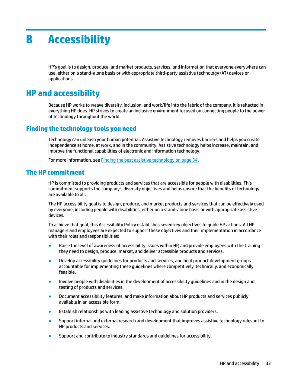 Accessibility, Hp and accessibility, Finding the technology tools you need | The hp commitment, Appendix b accessibility, Baccessibility | HP Z31x 31.1" 17:9 DreamColor Studio Cinema 4K IPS Display User Manual | Page 41 / 45