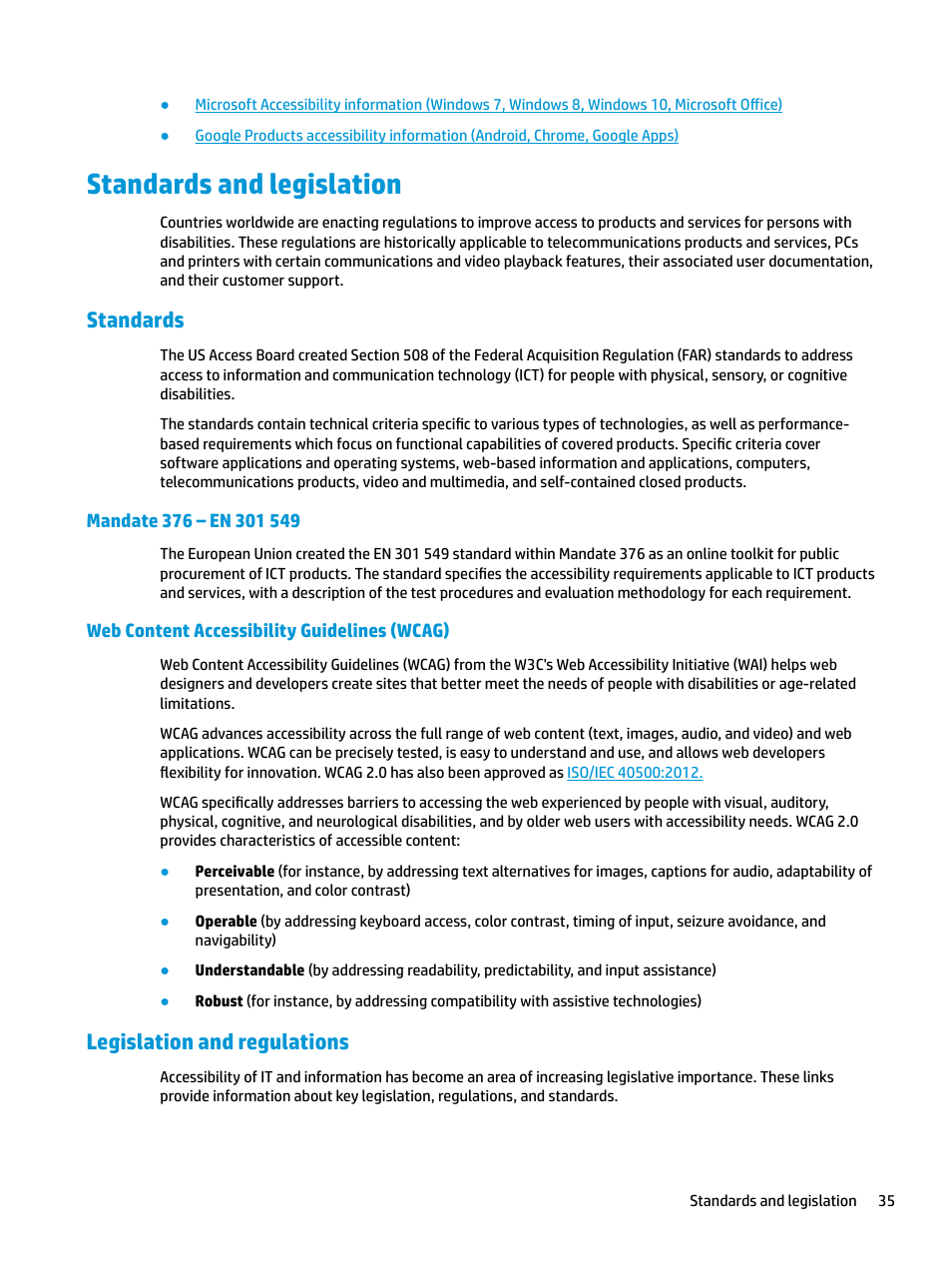 Standards and legislation, Standards, Mandate 376 – en 301 549 | Web content accessibility guidelines (wcag), Legislation and regulations | HP Z31x 31.1" 17:9 DreamColor Studio Cinema 4K IPS Display User Manual | Page 43 / 45