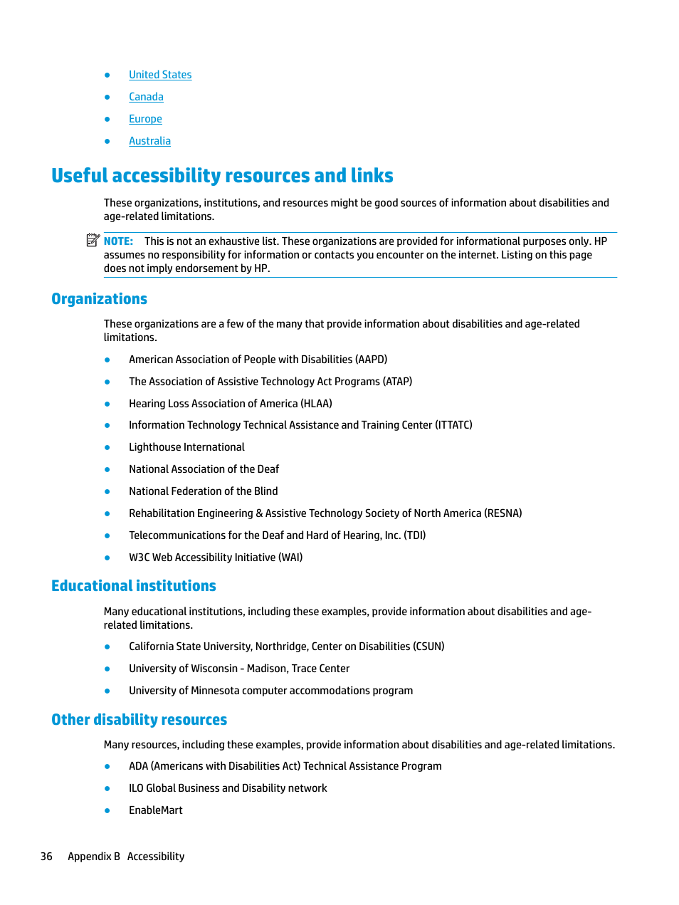 Useful accessibility resources and links, Organizations, Educational institutions | Other disability resources | HP Z31x 31.1" 17:9 DreamColor Studio Cinema 4K IPS Display User Manual | Page 44 / 45