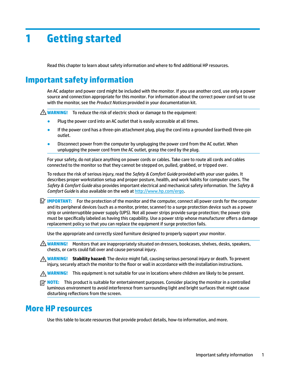 Getting started, Important safety information, More hp resources | 1 getting started, Important safety information more hp resources, 1getting started | HP Z31x 31.1" 17:9 DreamColor Studio Cinema 4K IPS Display User Manual | Page 9 / 45