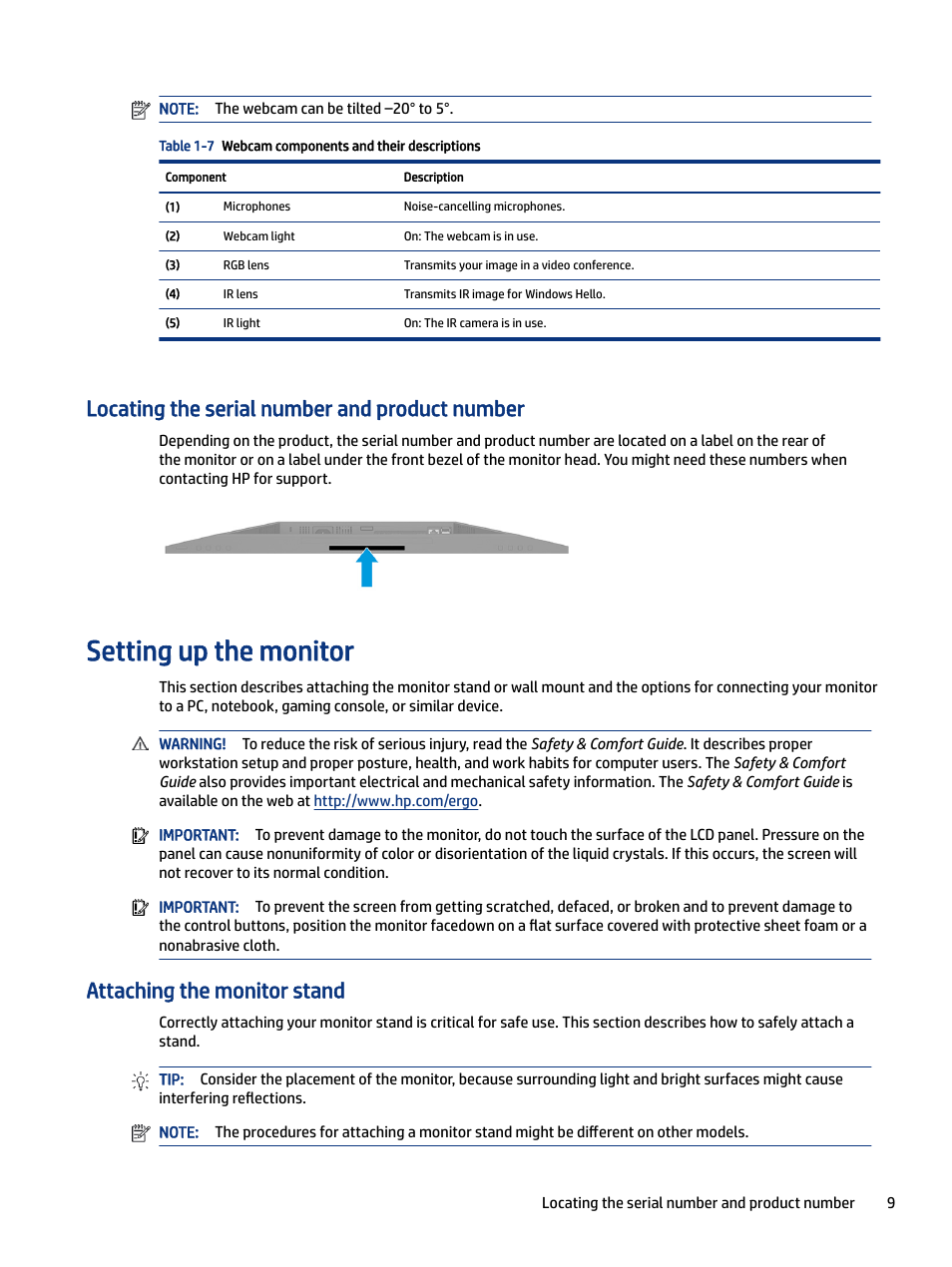 Locating the serial number and product number, Setting up the monitor, Attaching the monitor stand | HP E27m 27" 16:9 IPS Monitor with USB Type-C Docking User Manual | Page 15 / 50