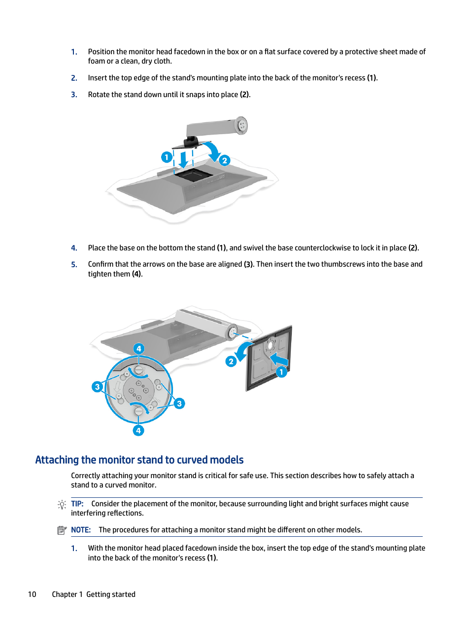 Attaching the monitor stand to curved models | HP E27m 27" 16:9 IPS Monitor with USB Type-C Docking User Manual | Page 16 / 50