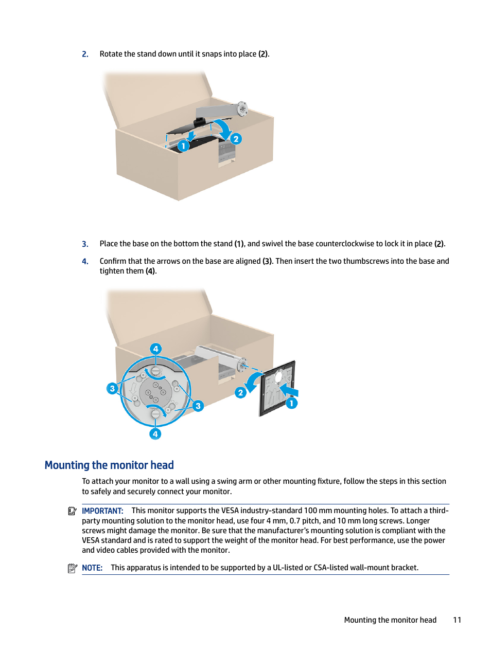 Mounting the monitor head | HP E27m 27" 16:9 IPS Monitor with USB Type-C Docking User Manual | Page 17 / 50