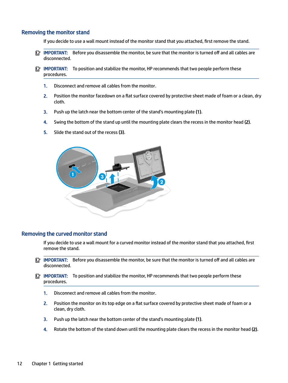 Removing the monitor stand, Removing the curved monitor stand | HP E27m 27" 16:9 IPS Monitor with USB Type-C Docking User Manual | Page 18 / 50