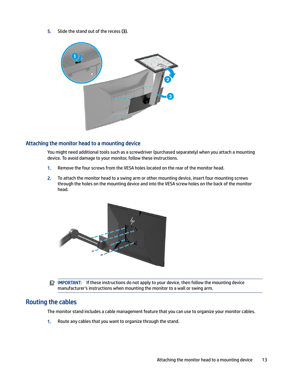 Attaching the monitor head to a mounting device, Routing the cables | HP E27m 27" 16:9 IPS Monitor with USB Type-C Docking User Manual | Page 19 / 50