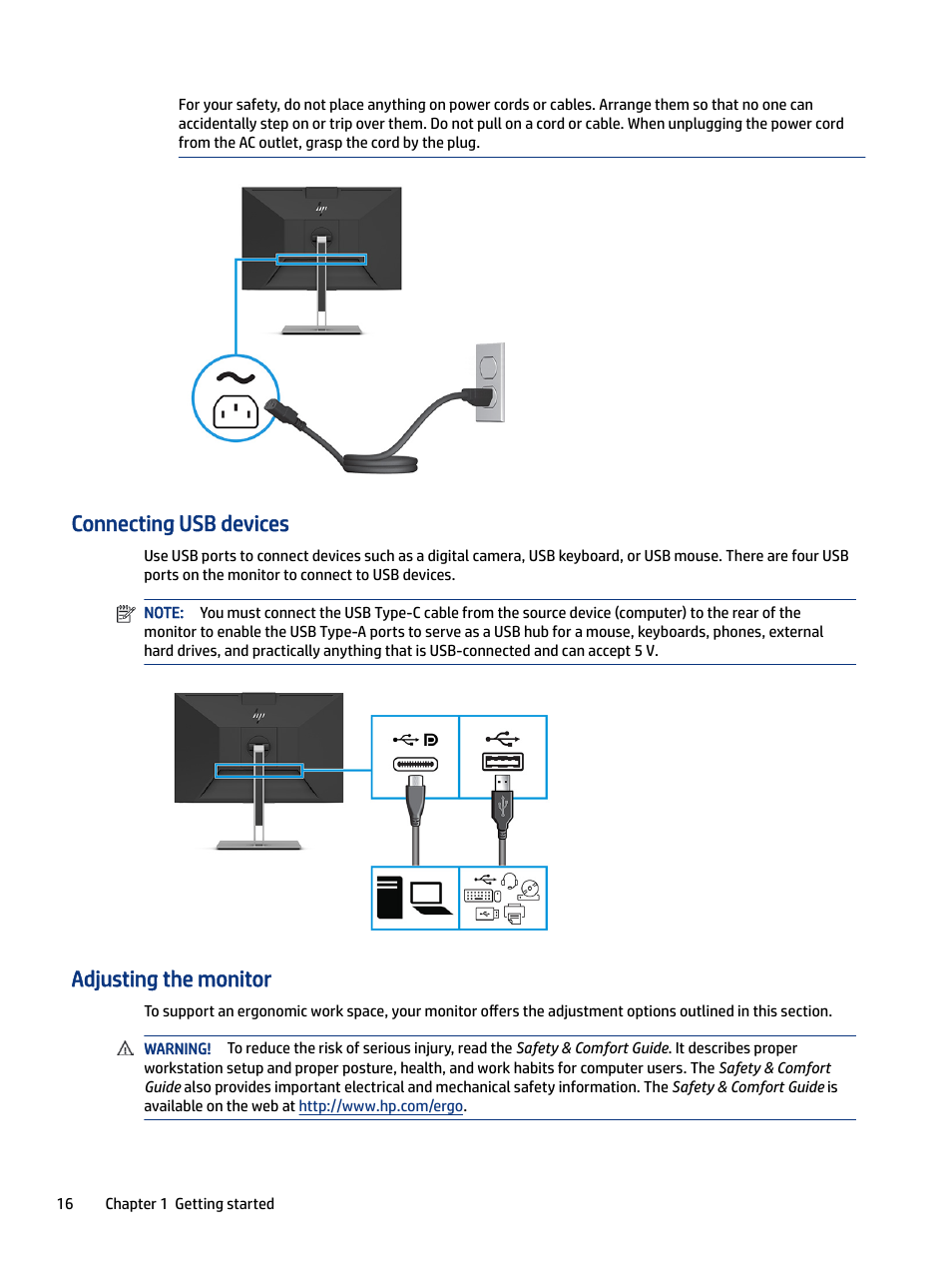 Connecting usb devices, Adjusting the monitor | HP E27m 27" 16:9 IPS Monitor with USB Type-C Docking User Manual | Page 22 / 50