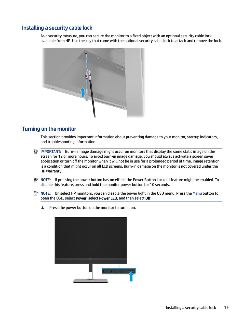 Installing a security cable lock, Turning on the monitor | HP E27m 27" 16:9 IPS Monitor with USB Type-C Docking User Manual | Page 25 / 50