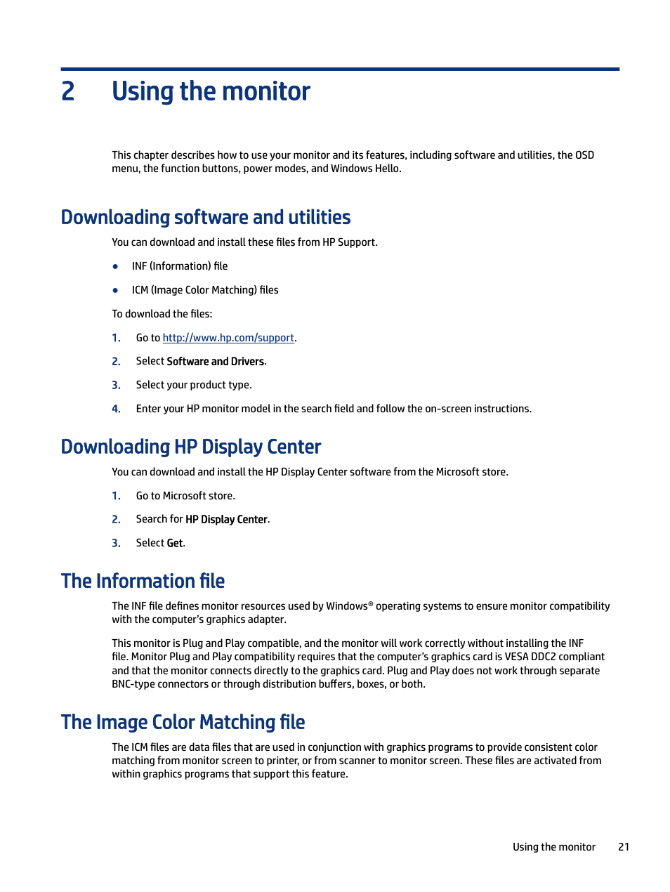 Using the monitor, Downloading software and utilities, Downloading hp display center | The information file, The image color matching file, Sing the monitor, Setting up windows hello facial recognition, Displayport multistreaming (select models), Using the monitor 2 | HP E27m 27" 16:9 IPS Monitor with USB Type-C Docking User Manual | Page 27 / 50