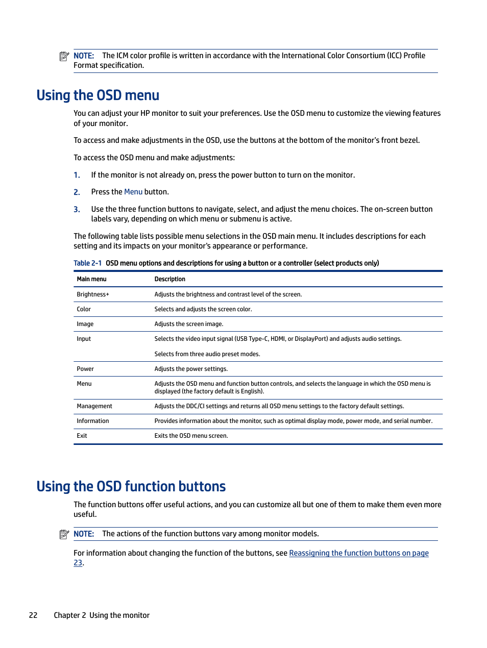 Using the osd menu, Using the osd function buttons, Se functions, see | HP E27m 27" 16:9 IPS Monitor with USB Type-C Docking User Manual | Page 28 / 50