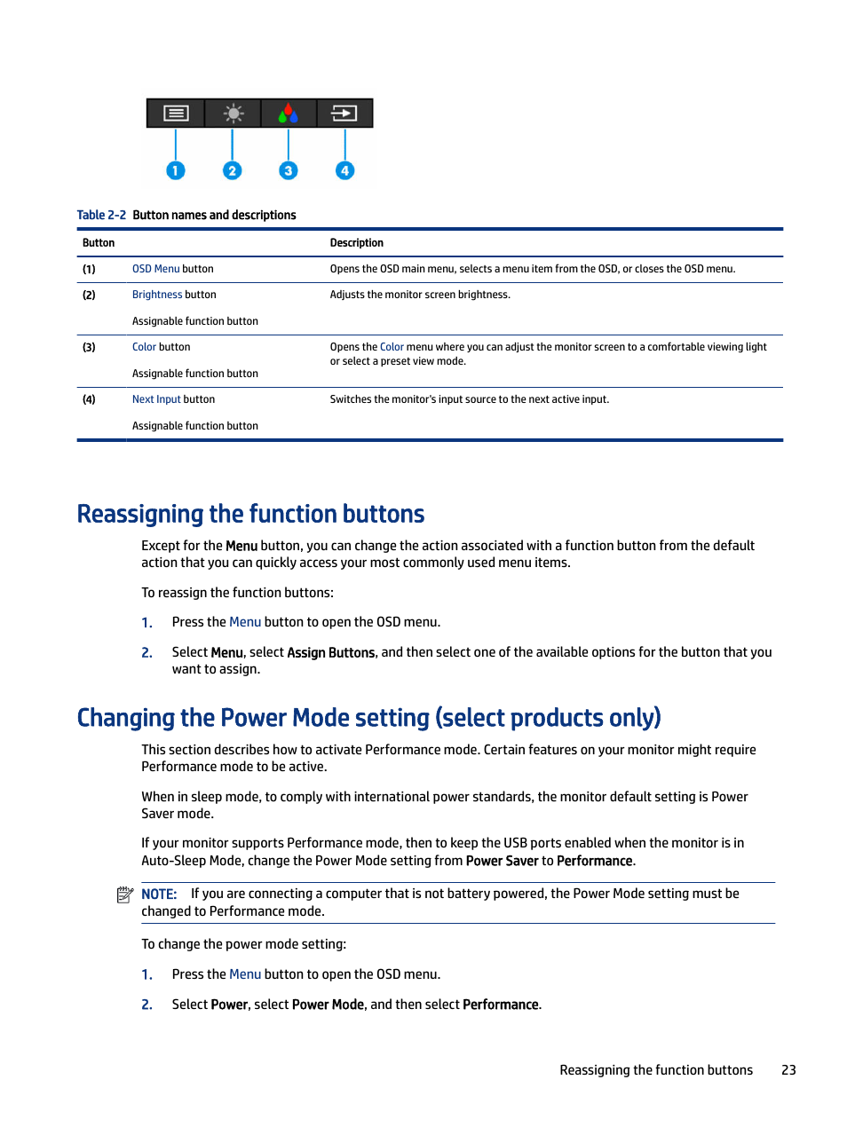 Reassigning the function buttons, Tions. see | HP E27m 27" 16:9 IPS Monitor with USB Type-C Docking User Manual | Page 29 / 50