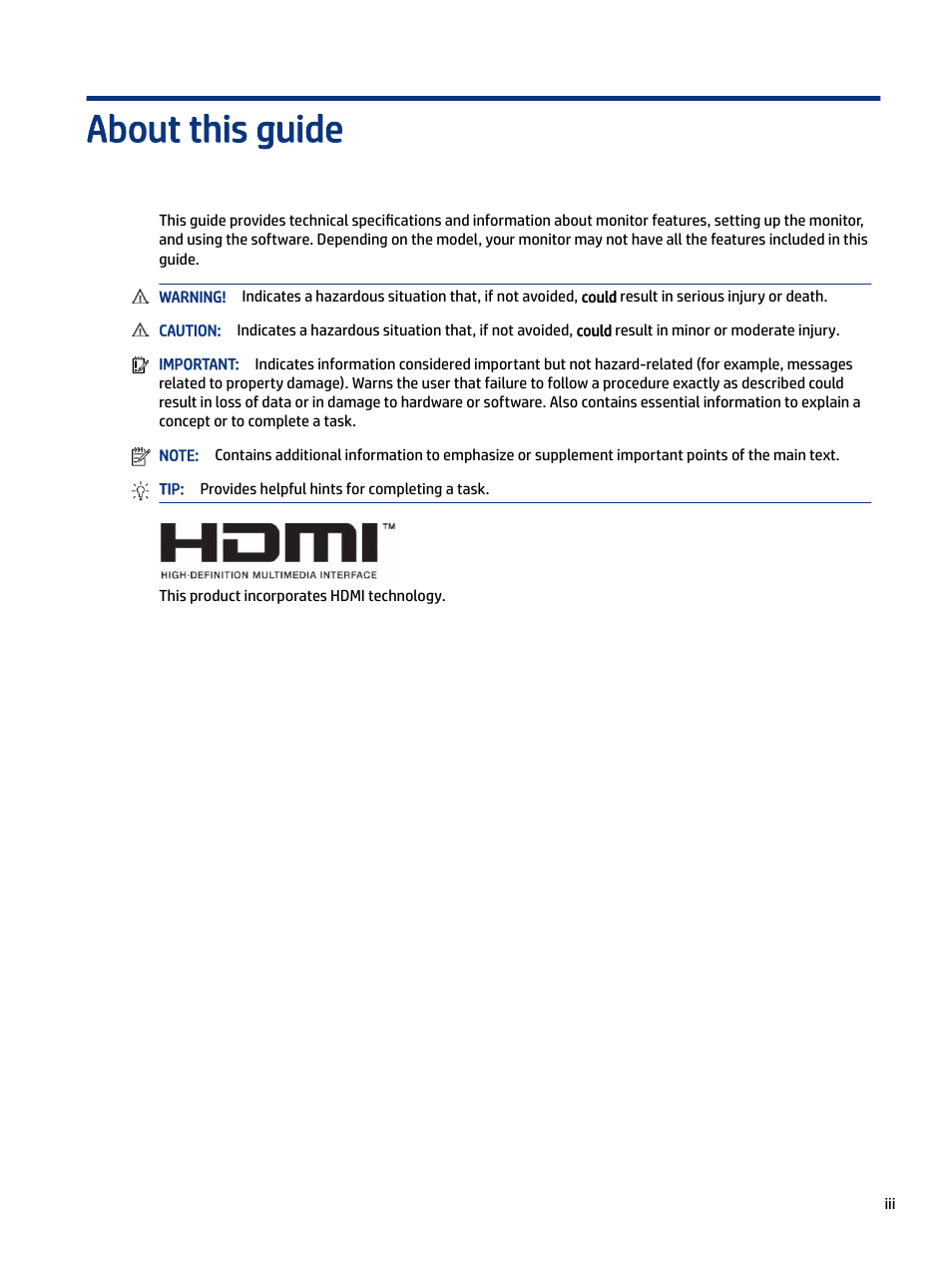 About this guide | HP E27m 27" 16:9 IPS Monitor with USB Type-C Docking User Manual | Page 3 / 50