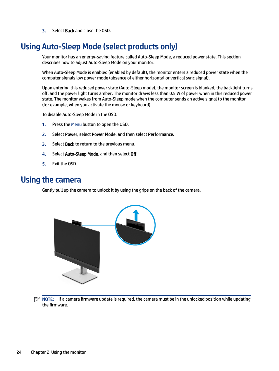 Using auto-sleep mode (select products only), Using the camera | HP E27m 27" 16:9 IPS Monitor with USB Type-C Docking User Manual | Page 30 / 50