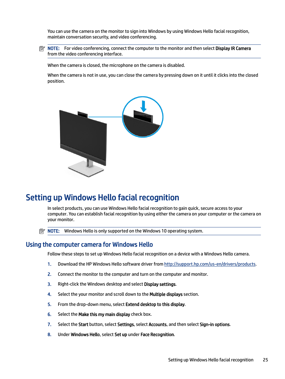 Setting up windows hello facial recognition, Using the computer camera for windows hello | HP E27m 27" 16:9 IPS Monitor with USB Type-C Docking User Manual | Page 31 / 50