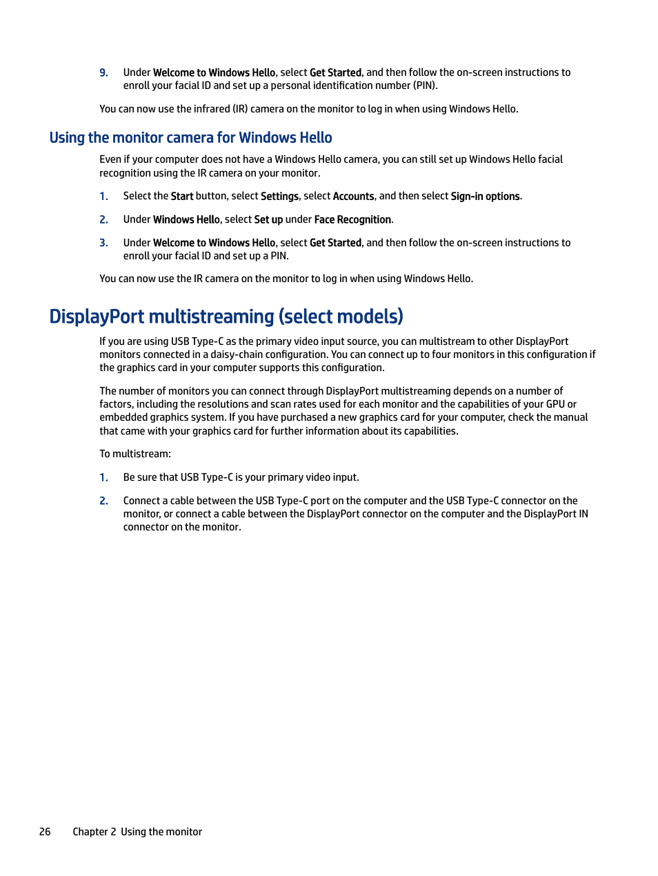 Using the monitor camera for windows hello, Displayport multistreaming (select models) | HP E27m 27" 16:9 IPS Monitor with USB Type-C Docking User Manual | Page 32 / 50