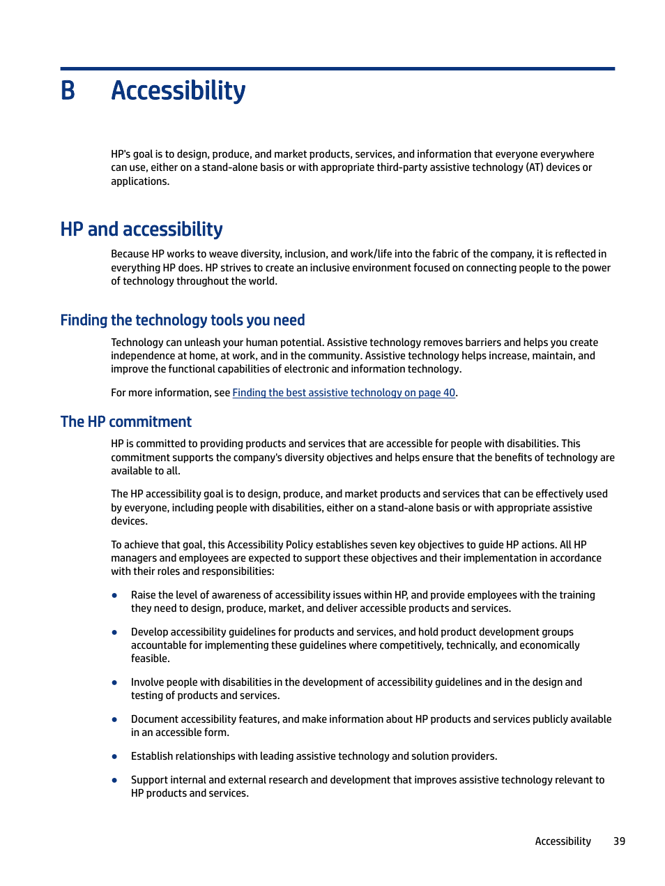 Accessibility, Hp and accessibility, Finding the technology tools you need | The hp commitment, Pendix b accessibility, Assessing your needs accessibility for hp products, Standards and legislation, Standards, Legislation and regulations, Useful accessibility resources and links | HP E27m 27" 16:9 IPS Monitor with USB Type-C Docking User Manual | Page 45 / 50