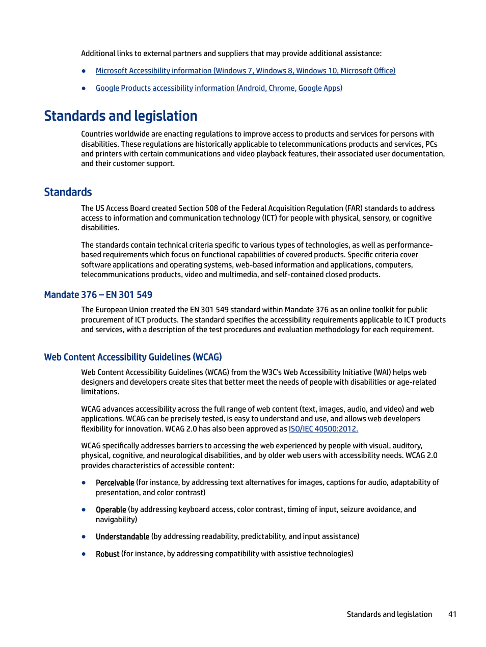 Standards and legislation, Standards, Mandate 376 – en 301 549 | Web content accessibility guidelines (wcag) | HP E27m 27" 16:9 IPS Monitor with USB Type-C Docking User Manual | Page 47 / 50