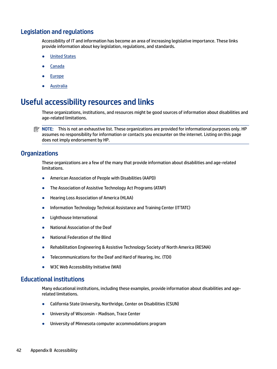 Legislation and regulations, Useful accessibility resources and links, Organizations | Educational institutions | HP E27m 27" 16:9 IPS Monitor with USB Type-C Docking User Manual | Page 48 / 50