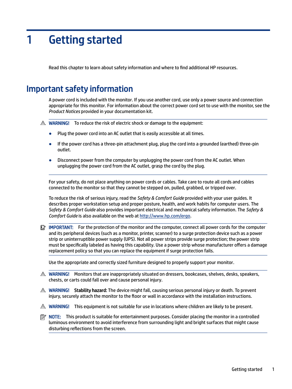 Getting started, Important safety information, Important safety information more hp resources | Preparing to call technical support, Getting to know your monitor, Setting up the monitor, Getting started 1 | HP E27m 27" 16:9 IPS Monitor with USB Type-C Docking User Manual | Page 7 / 50