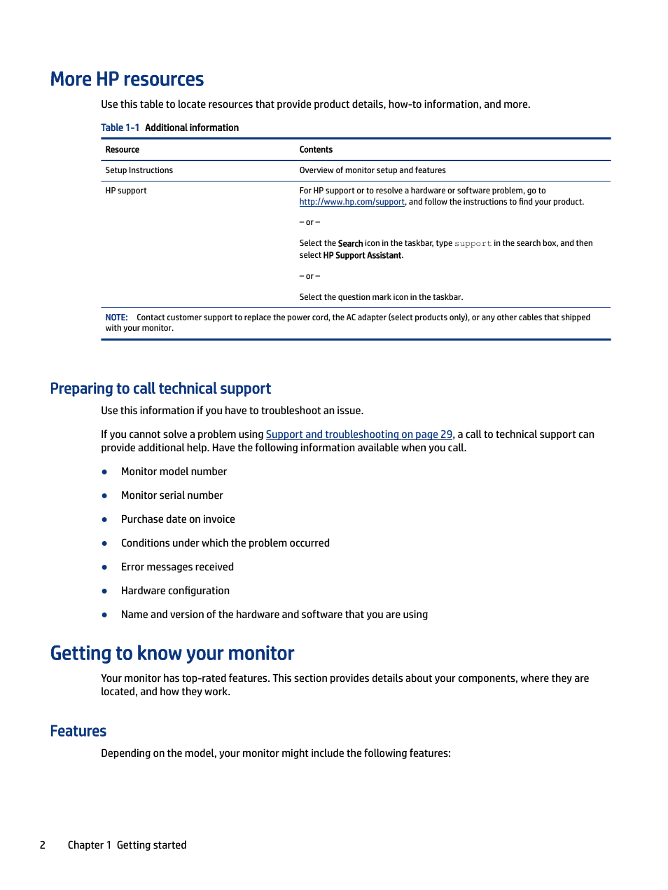 More hp resources, Preparing to call technical support, Getting to know your monitor | Features | HP E27m 27" 16:9 IPS Monitor with USB Type-C Docking User Manual | Page 8 / 50