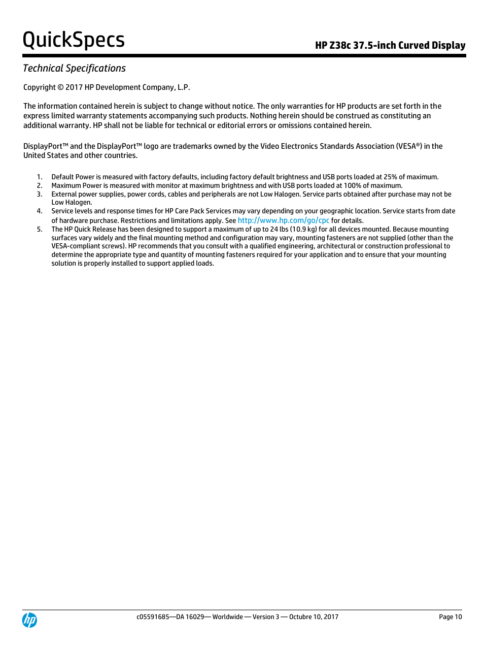 Quickspecs | HP Z38c 37.5" 21:9 Curved IPS Monitor (Smart Buy) User Manual | Page 10 / 11