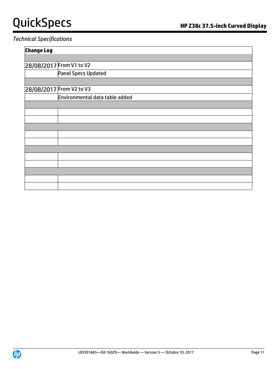 Quickspecs | HP Z38c 37.5" 21:9 Curved IPS Monitor (Smart Buy) User Manual | Page 11 / 11