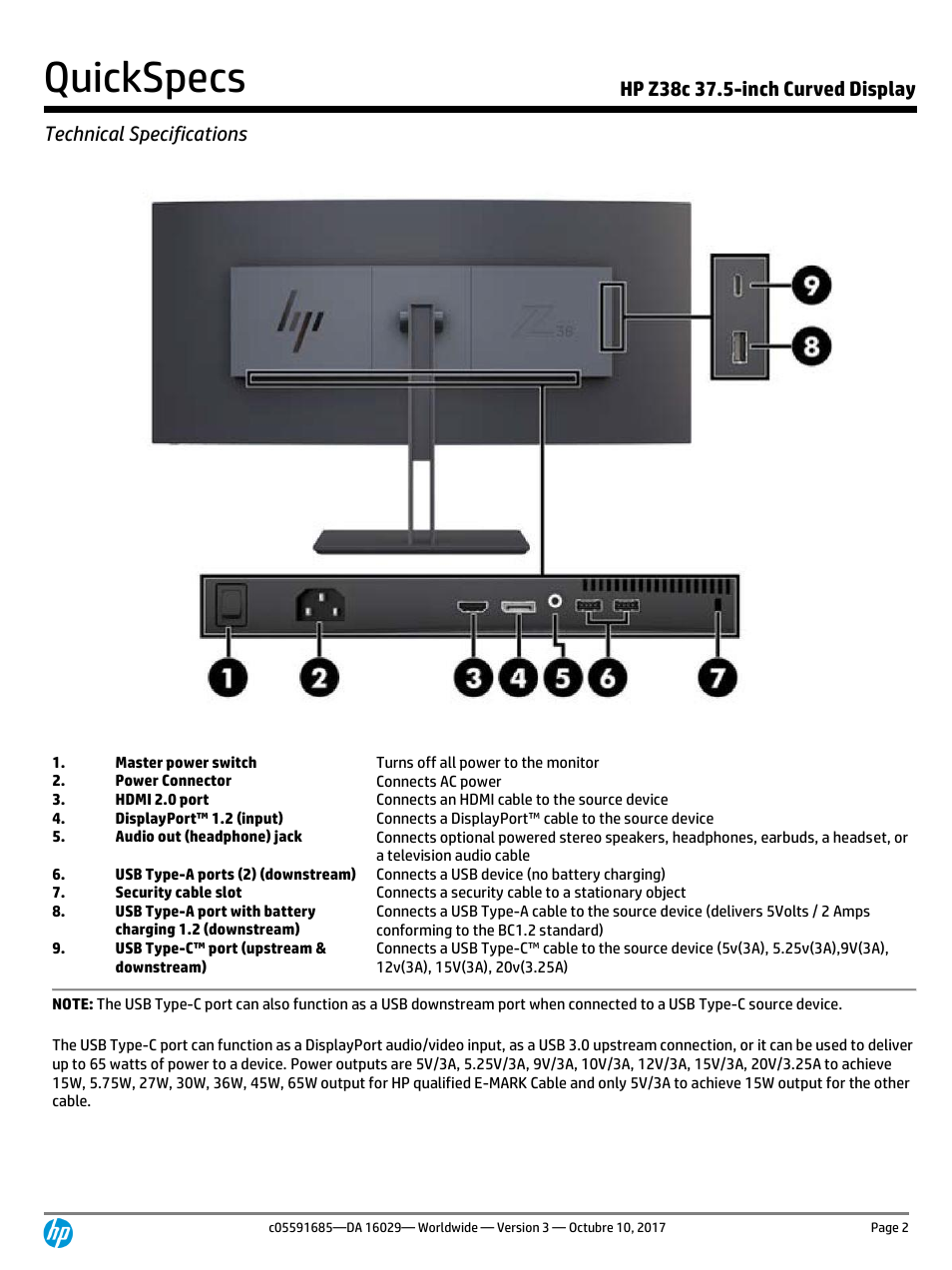 Quickspecs | HP Z38c 37.5" 21:9 Curved IPS Monitor (Smart Buy) User Manual | Page 2 / 11