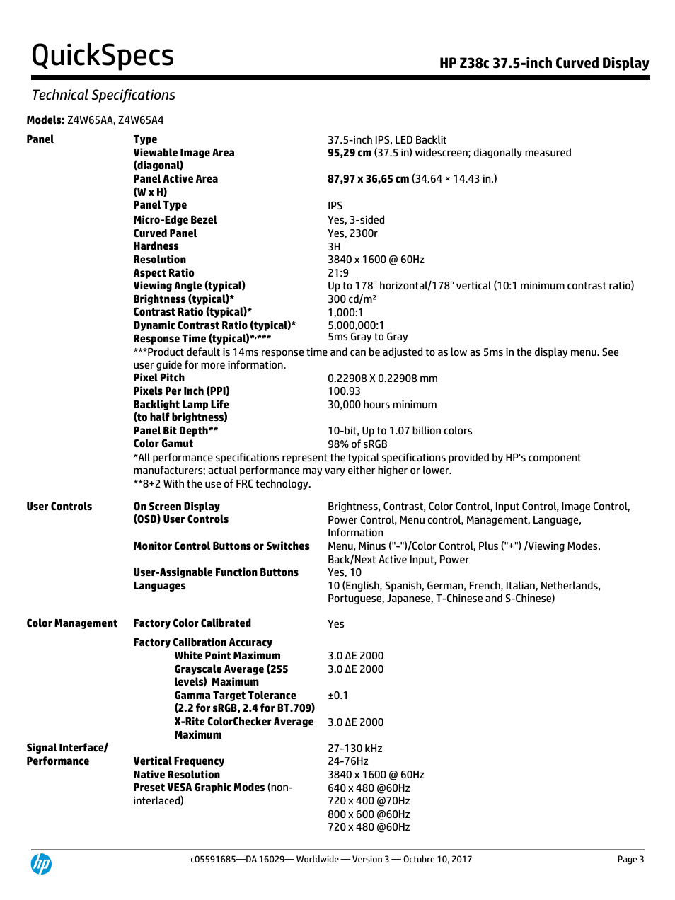 Quickspecs | HP Z38c 37.5" 21:9 Curved IPS Monitor (Smart Buy) User Manual | Page 3 / 11