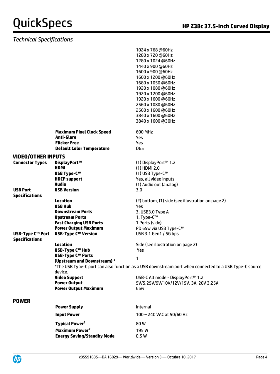 Quickspecs, Video/other inputs, Power | HP Z38c 37.5" 21:9 Curved IPS Monitor (Smart Buy) User Manual | Page 4 / 11