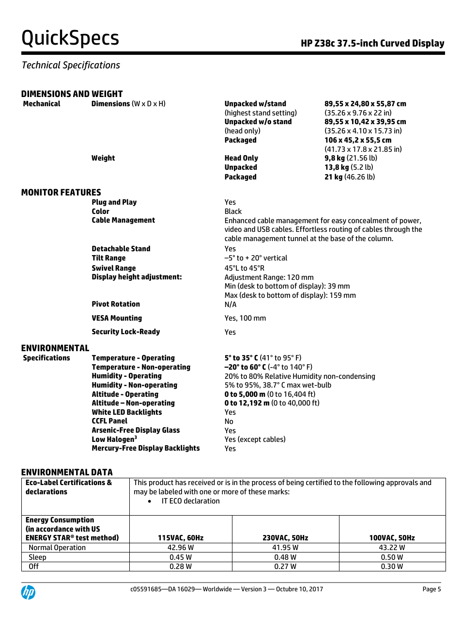 Quickspecs, Dimensions and weight, Monitor features | Environmental, Environmental data | HP Z38c 37.5" 21:9 Curved IPS Monitor (Smart Buy) User Manual | Page 5 / 11