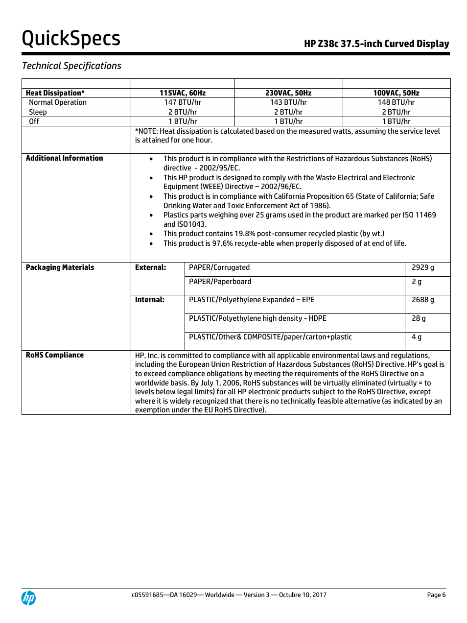 Quickspecs | HP Z38c 37.5" 21:9 Curved IPS Monitor (Smart Buy) User Manual | Page 6 / 11