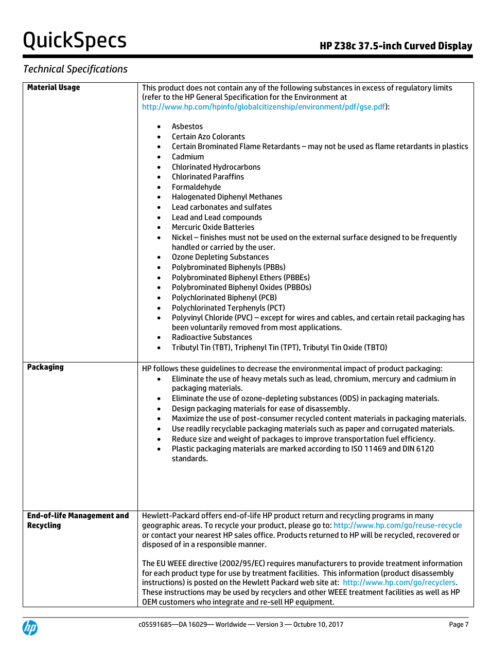 Quickspecs | HP Z38c 37.5" 21:9 Curved IPS Monitor (Smart Buy) User Manual | Page 7 / 11