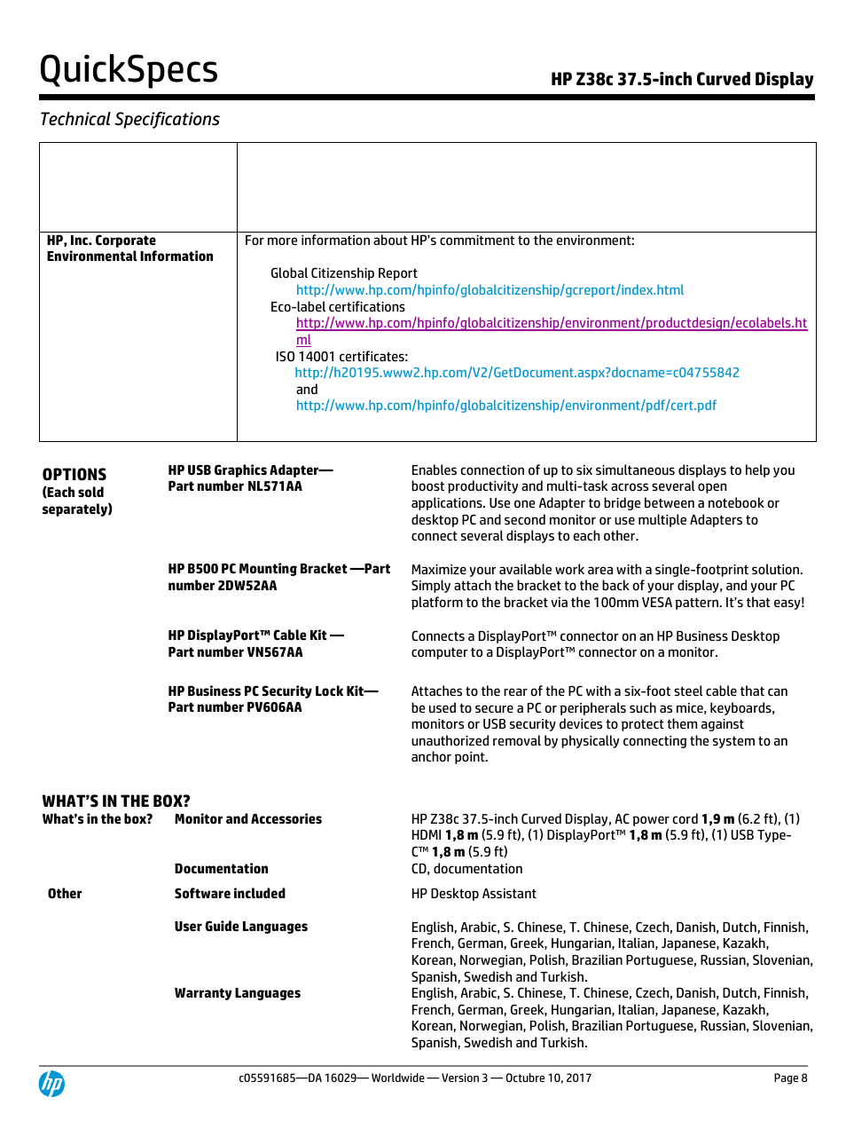 Quickspecs | HP Z38c 37.5" 21:9 Curved IPS Monitor (Smart Buy) User Manual | Page 8 / 11