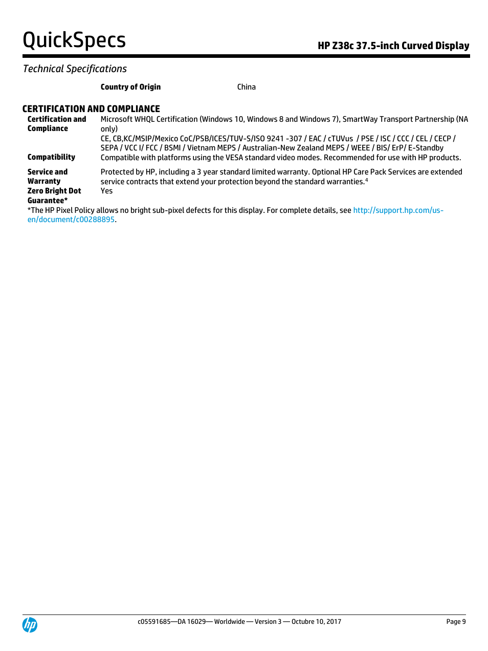 Quickspecs | HP Z38c 37.5" 21:9 Curved IPS Monitor (Smart Buy) User Manual | Page 9 / 11