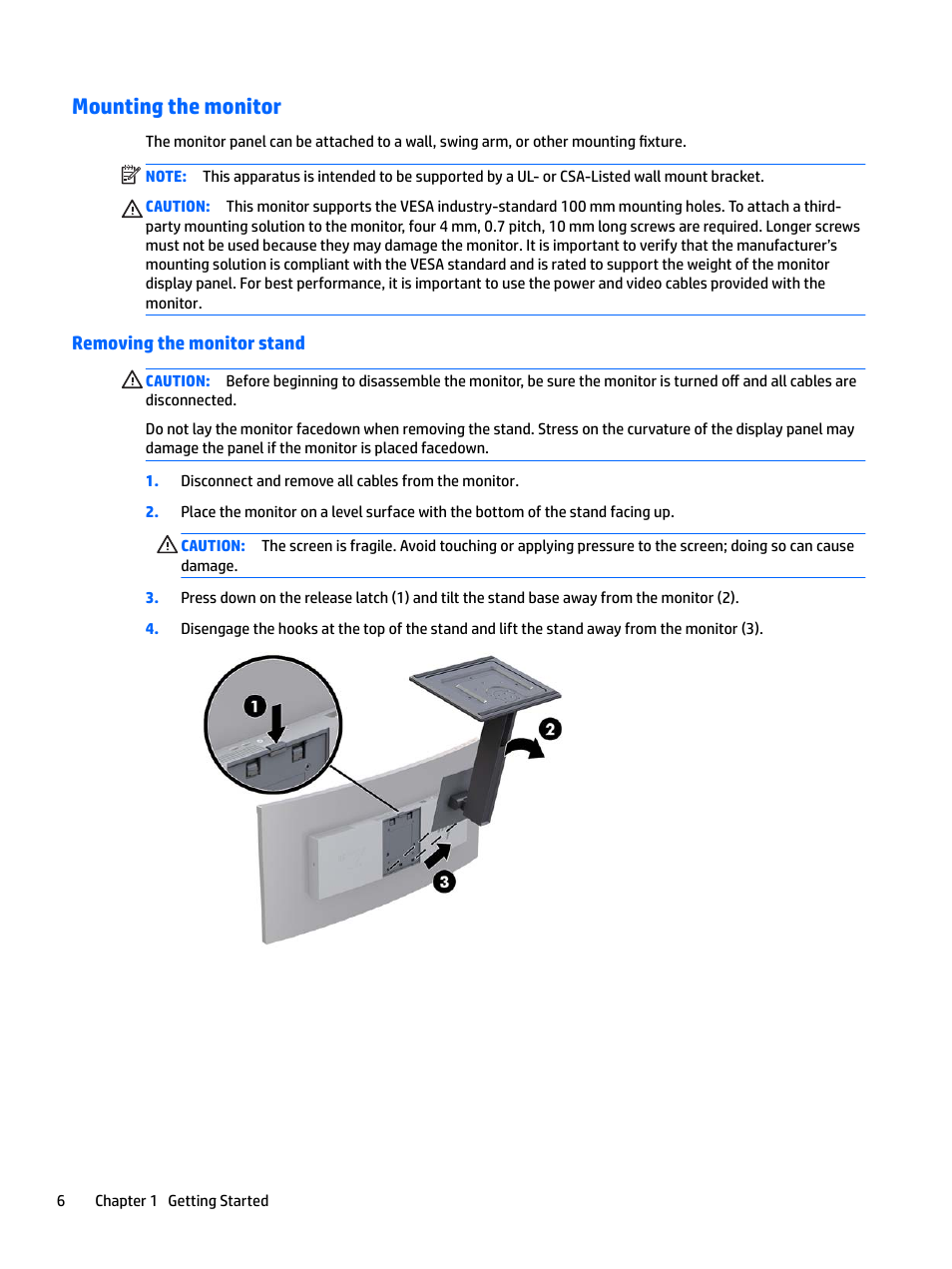 Mounting the monitor, Removing the monitor stand | HP Z38c 37.5" 21:9 Curved IPS Monitor (Smart Buy) User Manual | Page 12 / 30