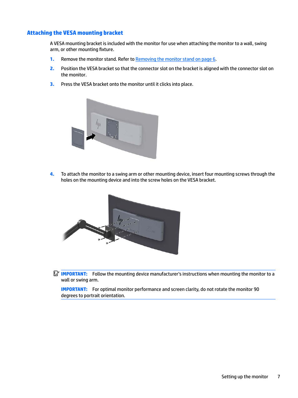 Attaching the vesa mounting bracket | HP Z38c 37.5" 21:9 Curved IPS Monitor (Smart Buy) User Manual | Page 13 / 30