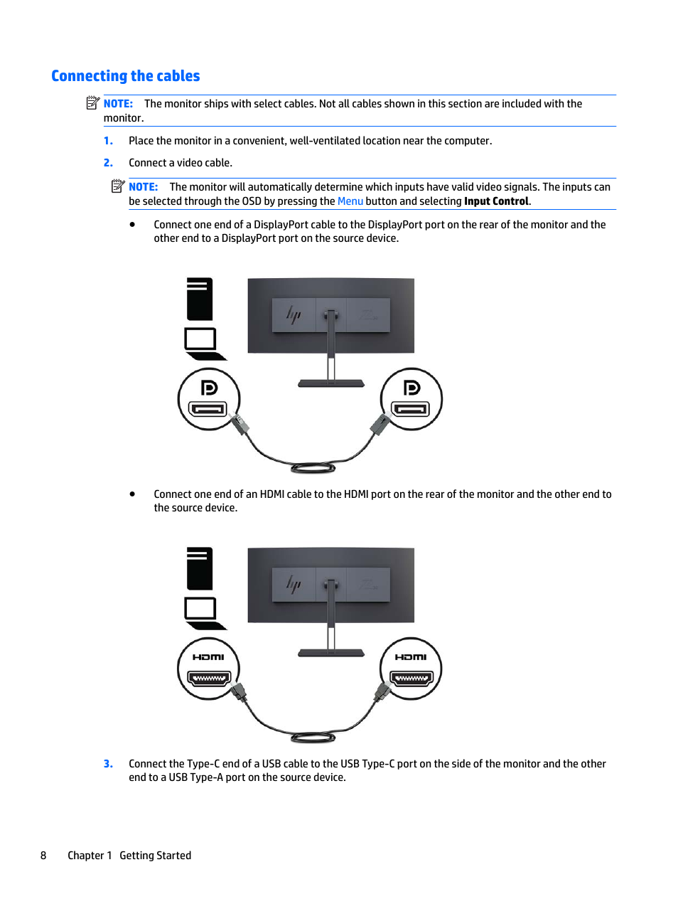 Connecting the cables | HP Z38c 37.5" 21:9 Curved IPS Monitor (Smart Buy) User Manual | Page 14 / 30