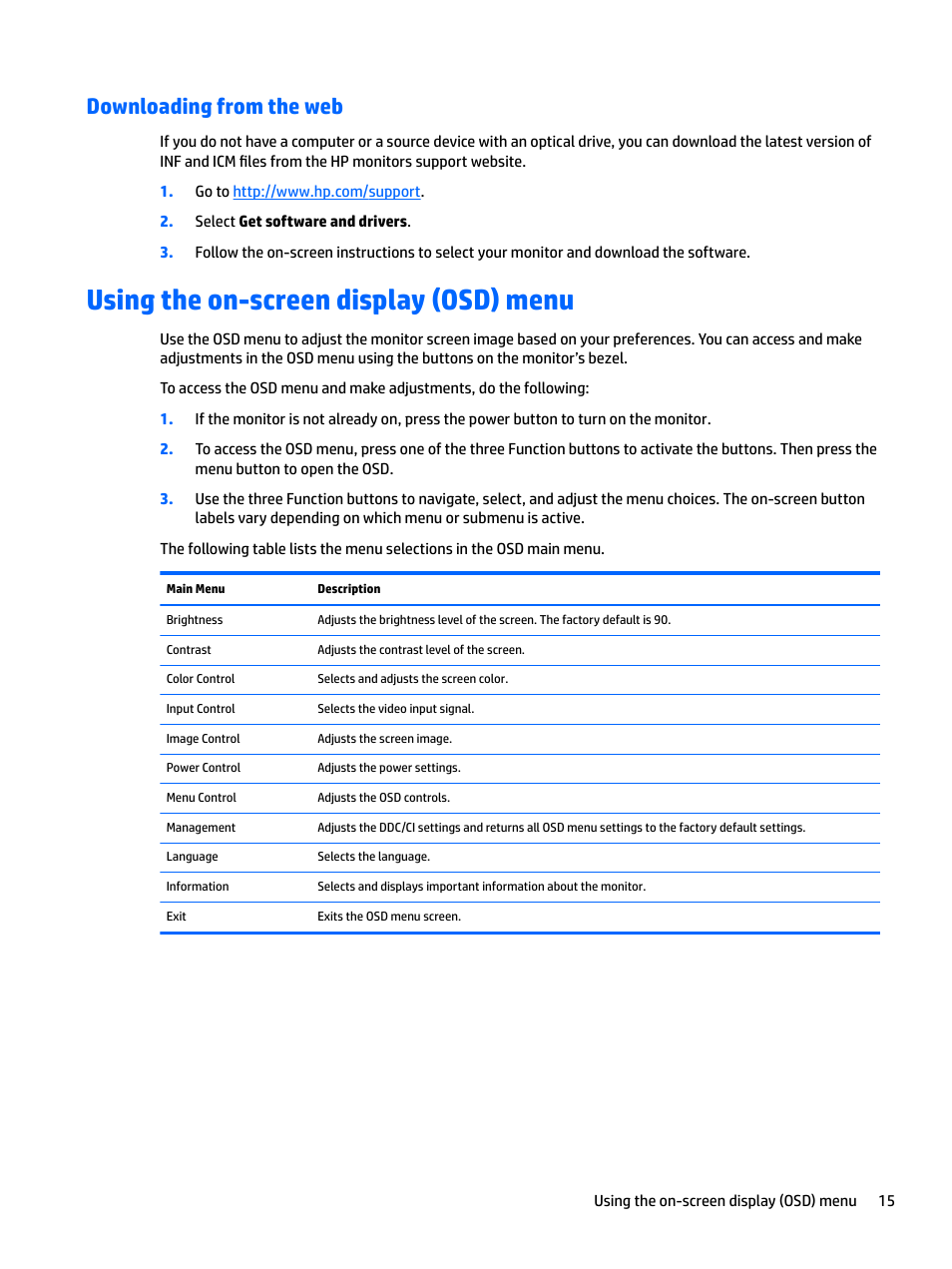 Downloading from the web, Using the on-screen display (osd) menu | HP Z38c 37.5" 21:9 Curved IPS Monitor (Smart Buy) User Manual | Page 21 / 30