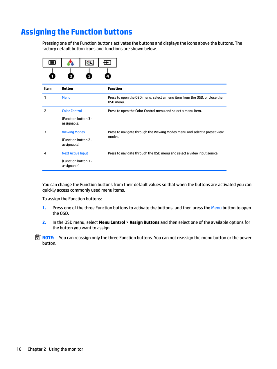 Assigning the function buttons | HP Z38c 37.5" 21:9 Curved IPS Monitor (Smart Buy) User Manual | Page 22 / 30