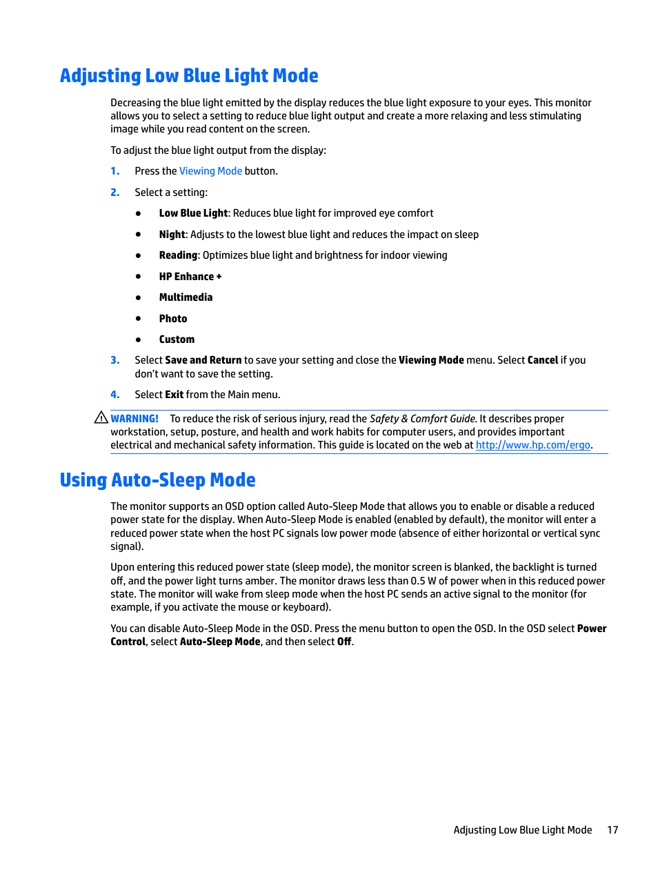 Adjusting low blue light mode, Using auto-sleep mode | HP Z38c 37.5" 21:9 Curved IPS Monitor (Smart Buy) User Manual | Page 23 / 30